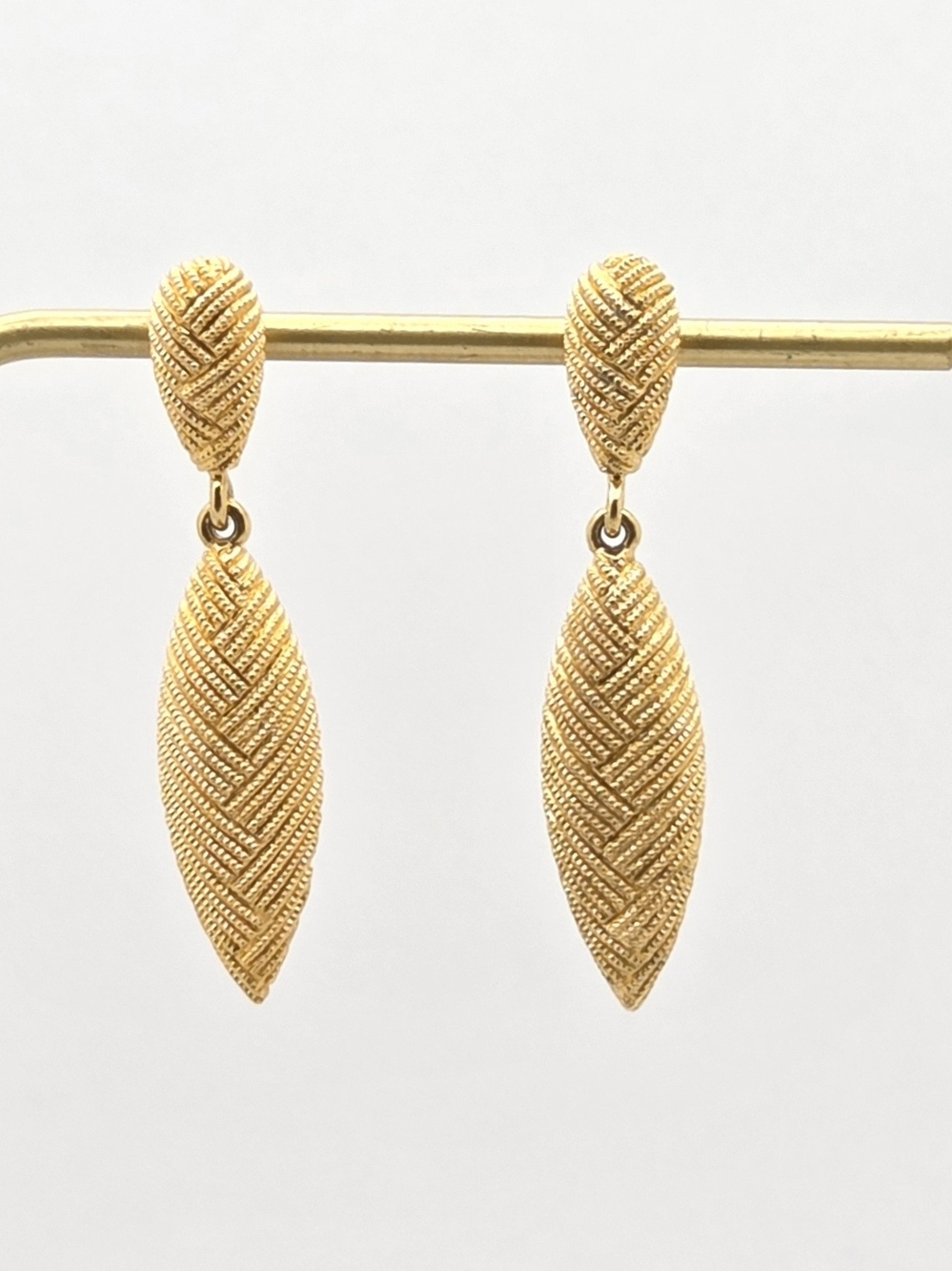 Vintage Monet Gold Tone Textured Chevron Marquise Dangle Drop Pierced Earrings